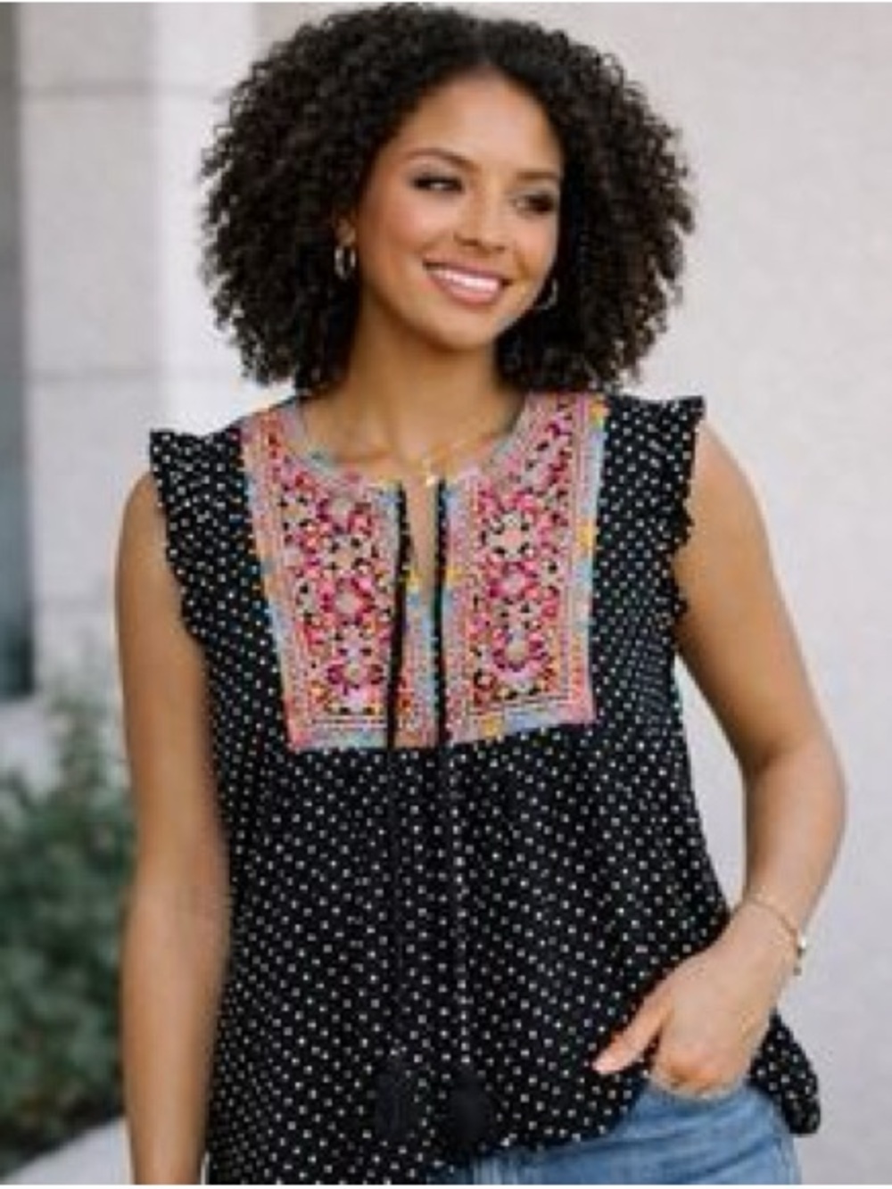 Savanna Jane Black Polka Dot Sleeveless Top with Multicolor Embroidered Yoke
